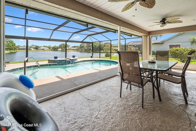 3360 Fort Sumter St, Melbourne, FL 32934 - swimming pool with ceiling fan, a water view, a patio area, and a lanai