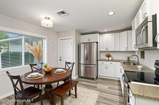 1573 Eagle Ave NW, Palm Bay, FL 32907 - kitchen featuring stainless steel appliances, a sink, healthy amount of natural light, tasteful backsplash, and a textured ceiling