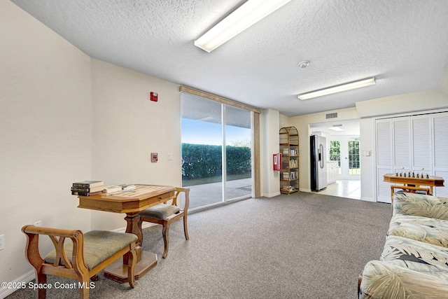8984 Puerto Del Rio Dr Unit 202, Cape Canaveral, FL 32920 - living room featuring a textured ceiling, light colored carpet, baseboards, and floor to ceiling windows