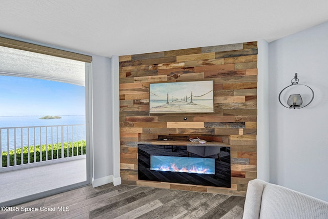 8984 Puerto Del Rio Dr Unit 202, Cape Canaveral, FL 32920 - detailed view of wooden walls, wood finished floors, a glass covered fireplace, and baseboards