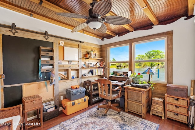 420 Tortoise View Cir, Satellite Beach, FL 32937 - office featuring wooden ceiling with exposed beams, wood finished floors, and a ceiling fan