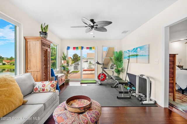 420 Tortoise View Cir, Satellite Beach, FL 32937 - living room featuring a ceiling fan, plenty of natural light, hardwood / wood-style flooring, and recessed lighting