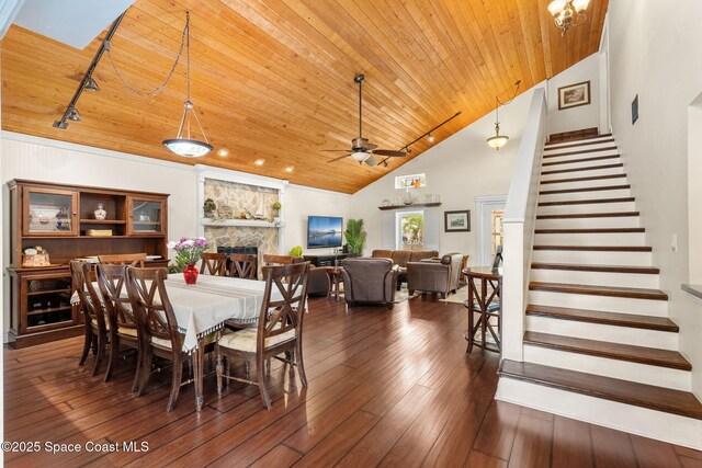 420 Tortoise View Cir, Satellite Beach, FL 32937 - dining room with wooden ceiling, stairway, ceiling fan, high vaulted ceiling, and hardwood / wood-style flooring