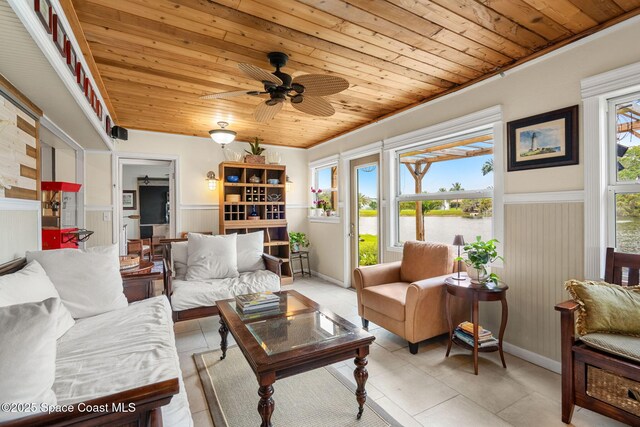 420 Tortoise View Cir, Satellite Beach, FL 32937 - living room with wood ceiling, a water view, a wainscoted wall, ceiling fan, and light tile patterned flooring