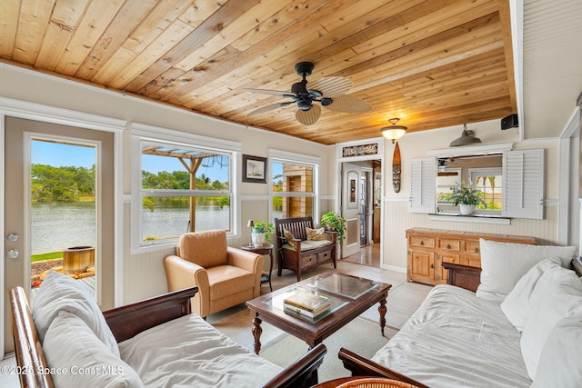 420 Tortoise View Cir, Satellite Beach, FL 32937 - living area with wooden ceiling, healthy amount of natural light, a water view, light tile patterned floors, and ceiling fan