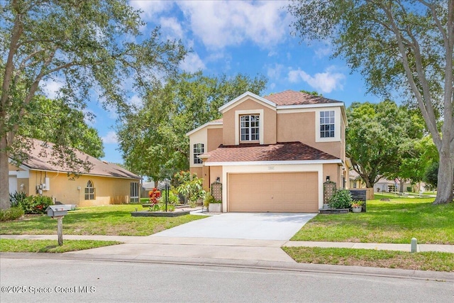 2508 Coral Ridge Cir, Melbourne, FL 32935 - traditional home with concrete driveway, stucco siding, a front lawn, and a garage