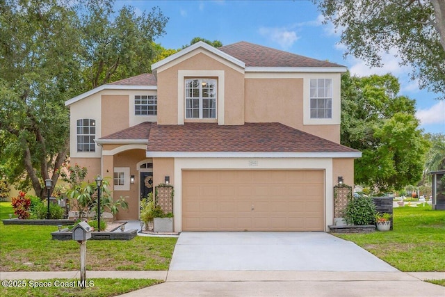 2508 Coral Ridge Cir, Melbourne, FL 32935 - view of front facade with concrete driveway, a front yard, roof with shingles, and stucco siding