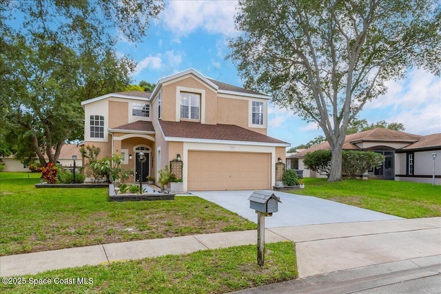 2508 Coral Ridge Cir, Melbourne, FL 32935 - traditional home featuring concrete driveway, stucco siding, a front lawn, and a garage