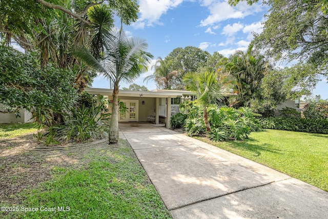 118 S Indian Cir, Cocoa, FL 32922 - view of front of house featuring french doors, a front yard, stucco siding, concrete driveway, and a carport