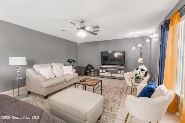 1889 Nanton St NW, Palm Bay, FL 32907 - living room featuring a textured ceiling, a ceiling fan, and tile patterned flooring