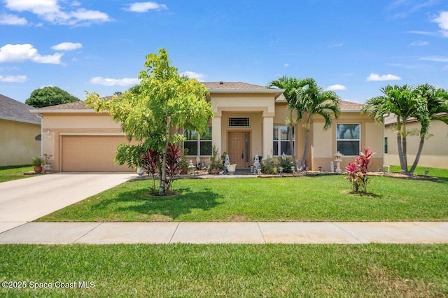 3385 Soft Breeze Cir, Melbourne, FL 32904 - view of front of property with a garage, concrete driveway, stucco siding, and a front lawn