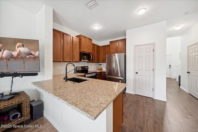 2500 Revolution St Unit 103, Melbourne, FL 32935 - kitchen featuring stainless steel appliances, a sink, light stone countertops, dark wood-type flooring, and a peninsula