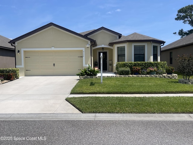 4554 Magenta Isles Dr, Melbourne, FL 32904 - single story home with stucco siding, an attached garage, concrete driveway, and a front lawn