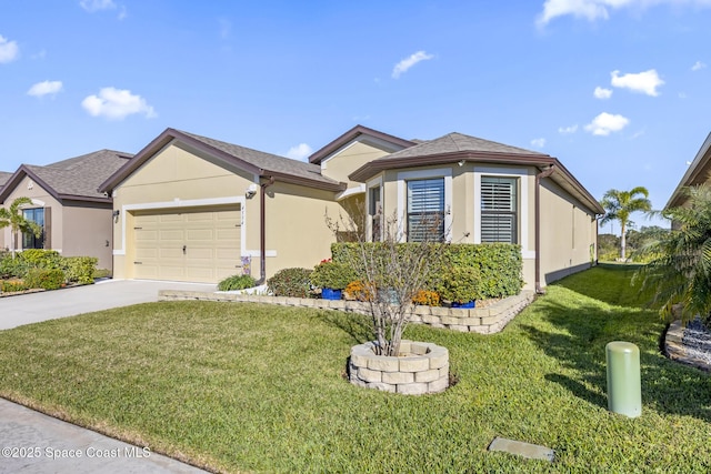 4554 Magenta Isles Dr, Melbourne, FL 32904 - single story home with driveway, a garage, stucco siding, and a front lawn