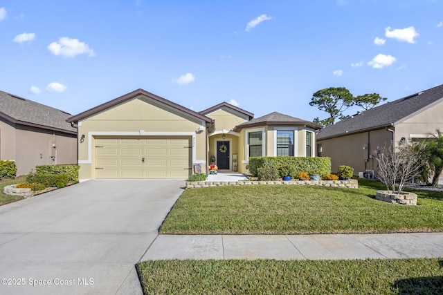 4554 Magenta Isles Dr, Melbourne, FL 32904 - ranch-style house featuring stucco siding, a garage, driveway, and a front lawn