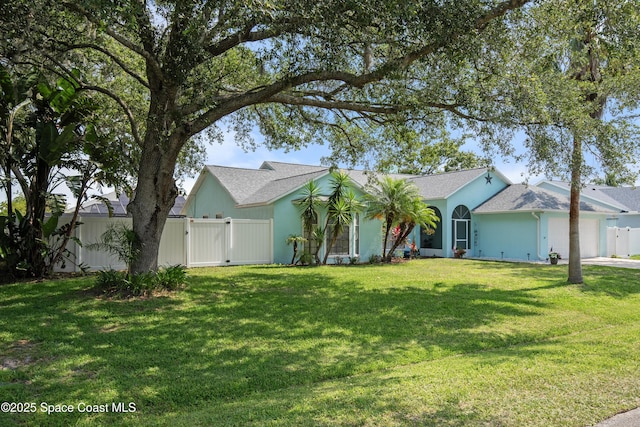 149 Kyle Ct NE, Palm Bay, FL 32907 - ranch-style house with a gate, a garage, roof with shingles, and driveway