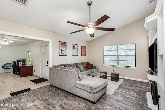 5145 Fay Blvd, Cocoa, FL 32927 - living area with a ceiling fan, an office area, lofted ceiling, baseboards, and wood finished floors