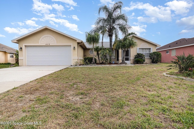 409 Americana Blvd NE, Palm Bay, FL 32907 - ranch-style home featuring stucco siding, concrete driveway, a front lawn, and an attached garage
