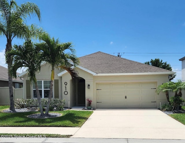910 Swiss Pointe Ln, Rockledge, FL 32955 - ranch-style house featuring a garage, driveway, a shingled roof, and stucco siding
