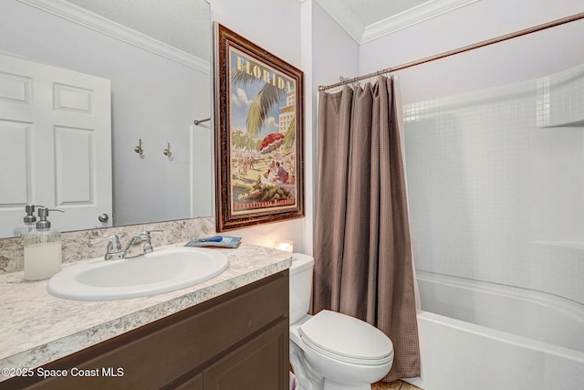 910 Swiss Pointe Ln, Rockledge, FL 32955 - bathroom featuring crown molding, vanity, and shower / bathtub combination with curtain
