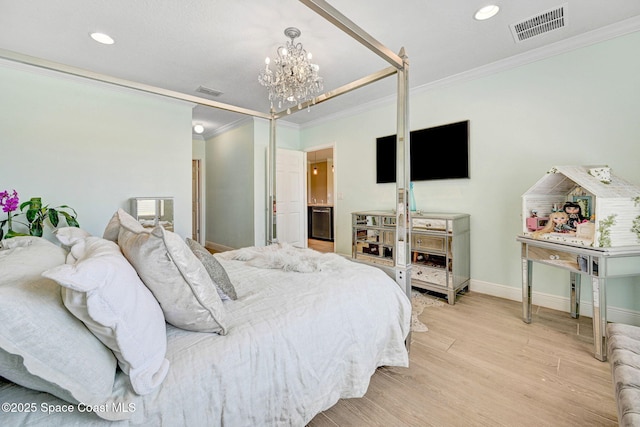 910 Swiss Pointe Ln, Rockledge, FL 32955 - bedroom with ornamental molding, a chandelier, light wood-type flooring, and recessed lighting