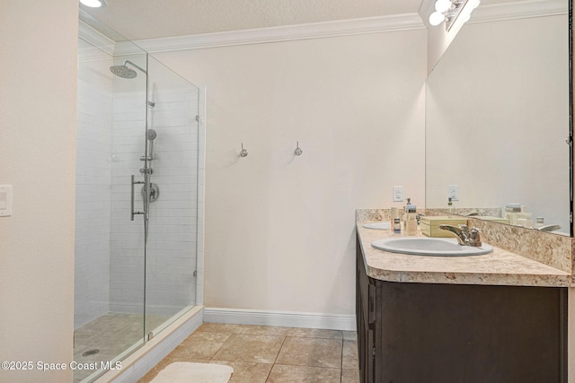 910 Swiss Pointe Ln, Rockledge, FL 32955 - bathroom featuring a stall shower, crown molding, double vanity, and tile patterned flooring