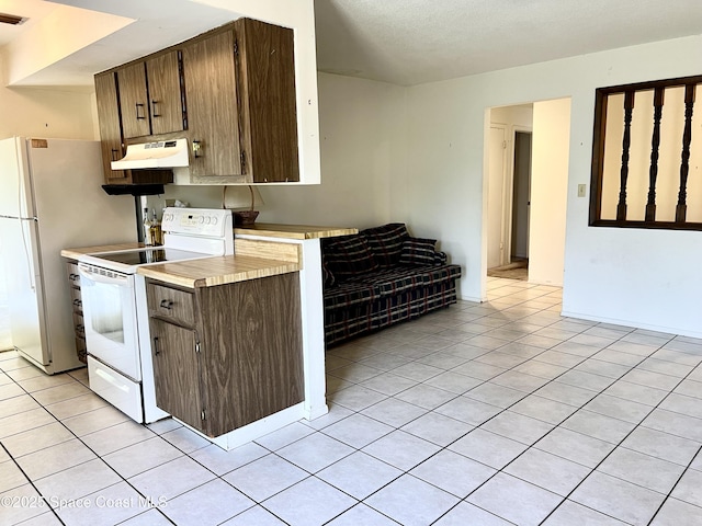 1899 Barker St NE, Palm Bay, FL 32907 - kitchen featuring white appliances, under cabinet range hood, light tile patterned flooring, and light countertops