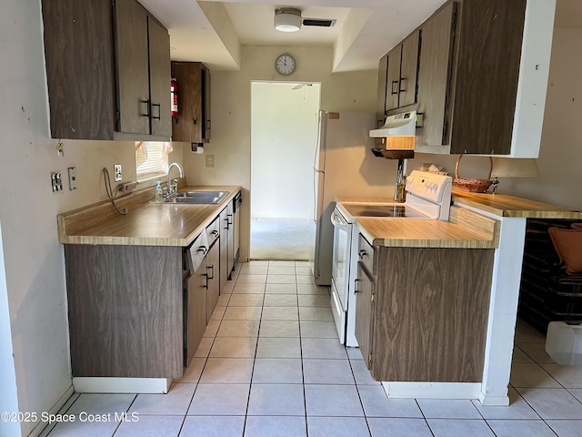 1899 Barker St NE, Palm Bay, FL 32907 - kitchen with white electric range oven, under cabinet range hood, a sink, light tile patterned flooring, and dark brown cabinets