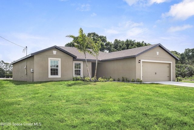 1422 Van Dyke Ave SE, Palm Bay, FL 32909 - ranch-style house with a garage, concrete driveway, a front yard, and a shingled roof