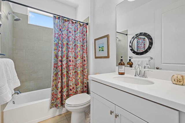 2611 Ballydoyle Ln, Melbourne, FL 32940 - bathroom with vanity, shower / bathtub combination with curtain, tile patterned floors, and toilet