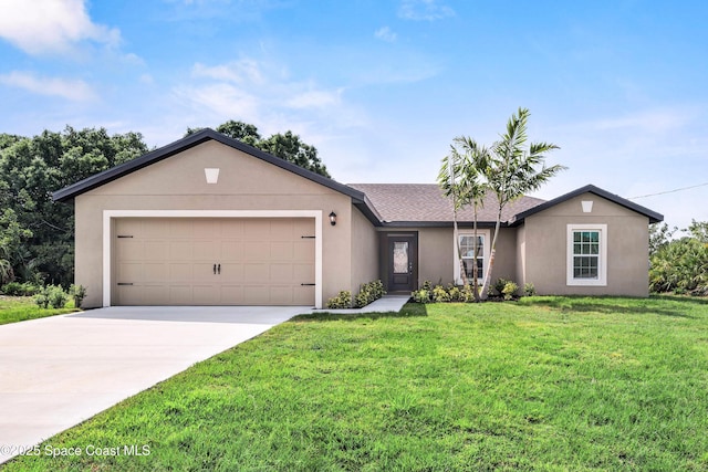 1170 Pluto St SE, Palm Bay, FL 32909 - single story home featuring a garage, concrete driveway, stucco siding, a front lawn, and a shingled roof