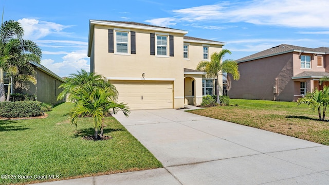 422 Moray Dr SW, Palm Bay, FL 32908 - traditional home with stucco siding, concrete driveway, a front lawn, and an attached garage