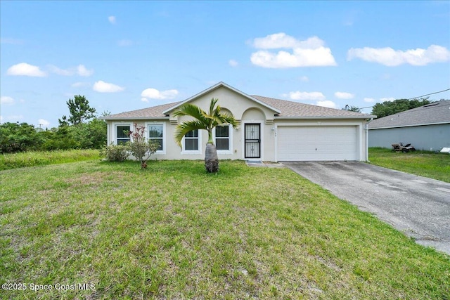 3380 Toledo Ave, Palm Bay, FL 32908 - ranch-style home featuring an attached garage, asphalt driveway, a front yard, and stucco siding