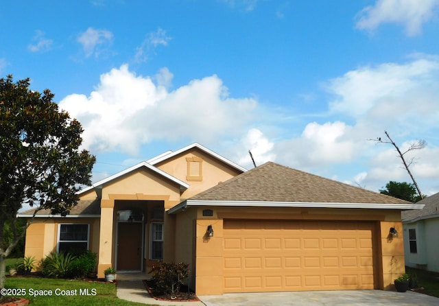 1076 Pine Creek Cir NE, Palm Bay, FL 32905 - ranch-style home featuring stucco siding, an attached garage, roof with shingles, and concrete driveway