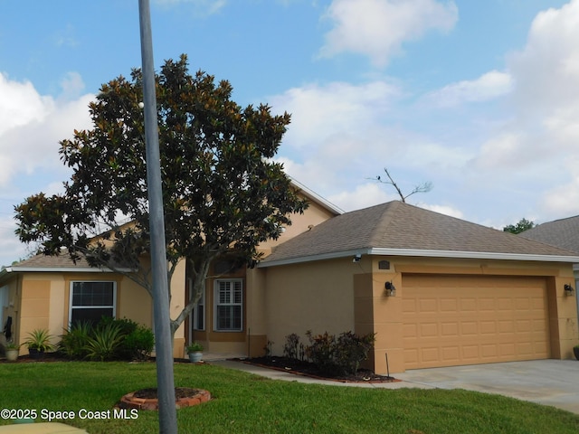 1076 Pine Creek Cir NE, Palm Bay, FL 32905 - ranch-style house featuring an attached garage, stucco siding, concrete driveway, and a front yard