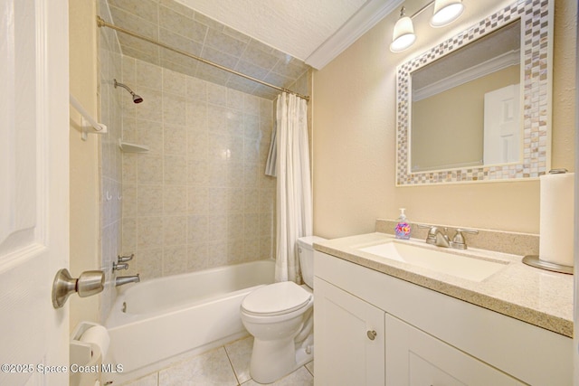 350 Taylor Ave Unit 2B3, Cape Canaveral, FL 32920 - bathroom featuring toilet, shower / tub combo, vanity, tile patterned floors, and crown molding