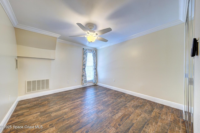 350 Taylor Ave Unit 2B3, Cape Canaveral, FL 32920 - empty room featuring ornamental molding, a ceiling fan, dark wood finished floors, and baseboards