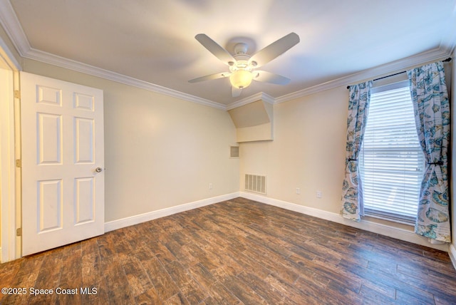 350 Taylor Ave Unit 2B3, Cape Canaveral, FL 32920 - empty room featuring ornamental molding, ceiling fan, dark wood-style floors, and baseboards