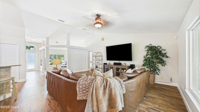 3266 Helmsdale Ct, Melbourne, FL 32940 - living room featuring vaulted ceiling, a ceiling fan, wood finished floors, and baseboards