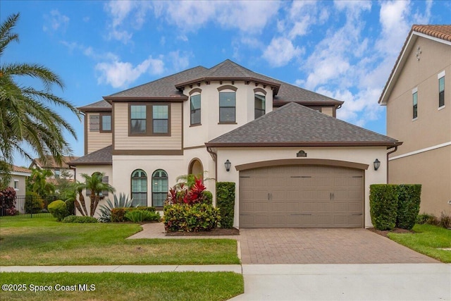 2228 Zuma Ln, Melbourne, FL 32940 - view of front of home featuring decorative driveway, a garage, stucco siding, and a shingled roof
