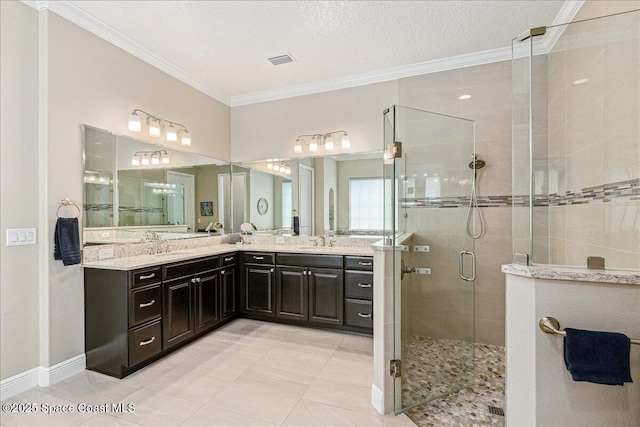 2228 Zuma Ln, Melbourne, FL 32940 - full bath with crown molding, a stall shower, vanity, and tile patterned flooring