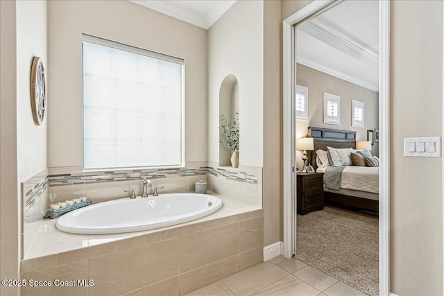 2228 Zuma Ln, Melbourne, FL 32940 - bathroom featuring ornamental molding, ensuite bathroom, a bath, and tile patterned flooring