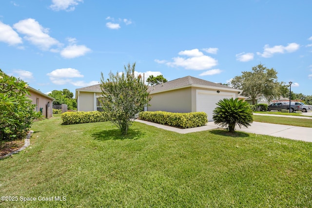 2268 Spring Creek Cir, Palm Bay, FL 32905 - view of property hidden behind natural elements featuring a garage, a front lawn, stucco siding, and driveway