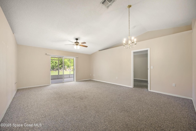 2268 Spring Creek Cir, Palm Bay, FL 32905 - unfurnished room with ceiling fan, carpet flooring, a chandelier, baseboards, and lofted ceiling