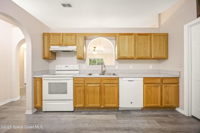 2268 Spring Creek Cir, Palm Bay, FL 32905 - kitchen featuring white appliances, a sink, wood finished floors, under cabinet range hood, and light countertops