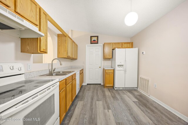 2268 Spring Creek Cir, Palm Bay, FL 32905 - kitchen featuring white appliances, under cabinet range hood, a sink, light wood-style flooring, and lofted ceiling