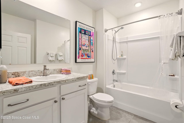 3547 Aberdeen Dr SE, Palm Bay, FL 32909 - full bathroom with shower / tub combo with curtain, vanity, tile patterned floors, and toilet