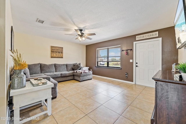 946 Stage St SE, Palm Bay, FL 32909 - living room with ceiling fan, light tile patterned floors, a textured ceiling, and baseboards