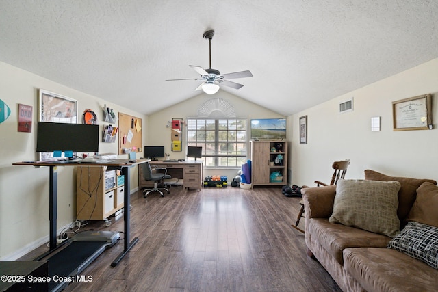 4070 Orion Way, Rockledge, FL 32955 - home office with dark wood-style flooring, a ceiling fan, lofted ceiling, a textured ceiling, and baseboards