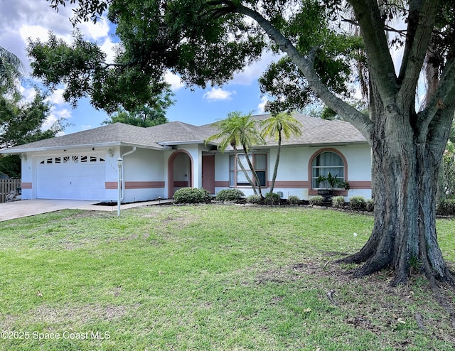 1362 York Cir, Melbourne, FL 32904 - ranch-style home with an attached garage, stucco siding, driveway, and a front lawn